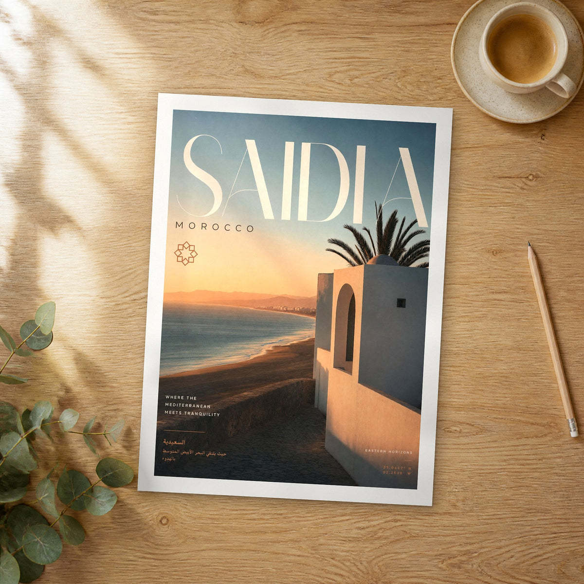 Unframed Saidia bold typography travel poster on a wooden table