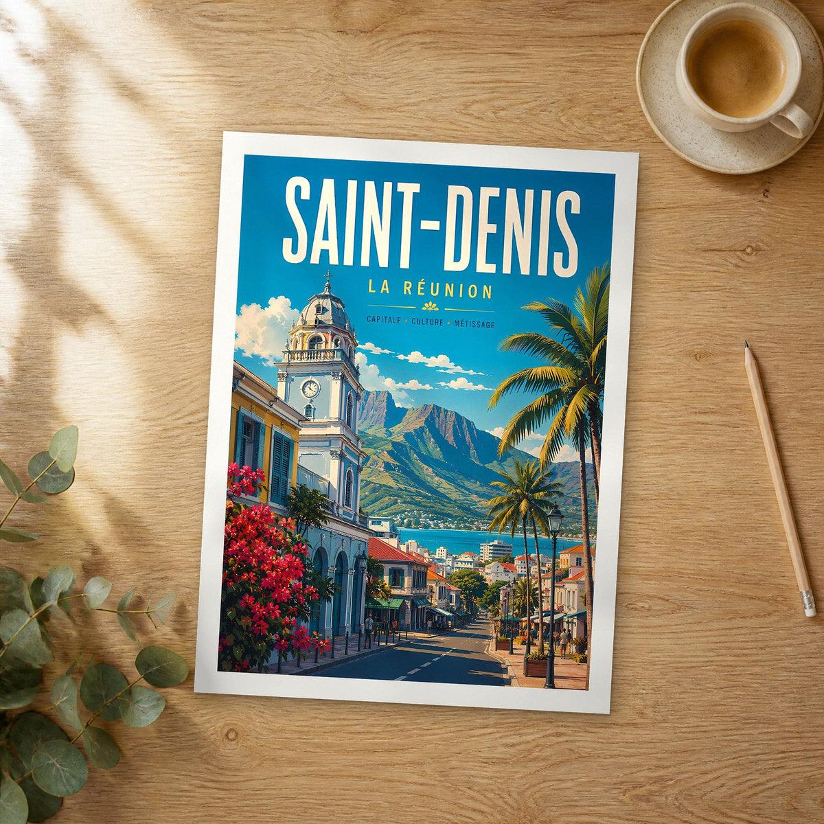 Unframed Saint-Denis retro travel poster on a wooden table