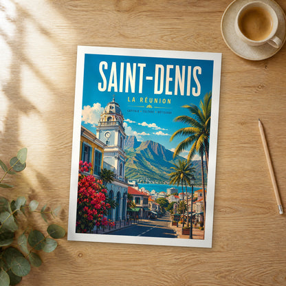 Unframed Saint-Denis retro travel poster on a wooden table