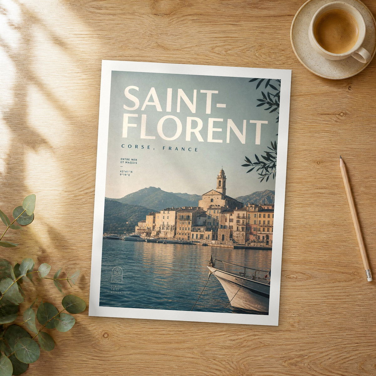 Unframed Saint Florent bold typography travel poster on a wooden table