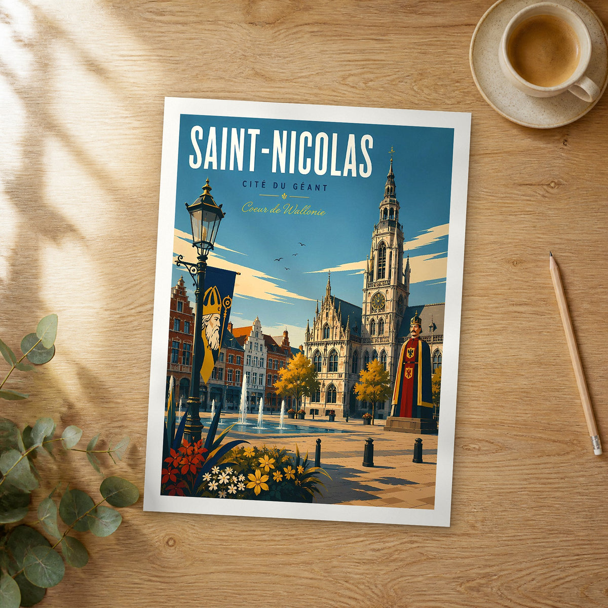 Unframed Saint-Nicolas retro travel poster on a wooden table