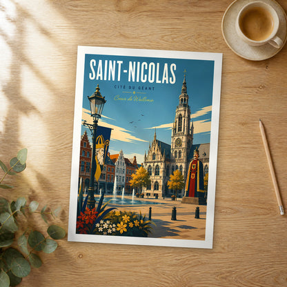 Unframed Saint-Nicolas retro travel poster on a wooden table