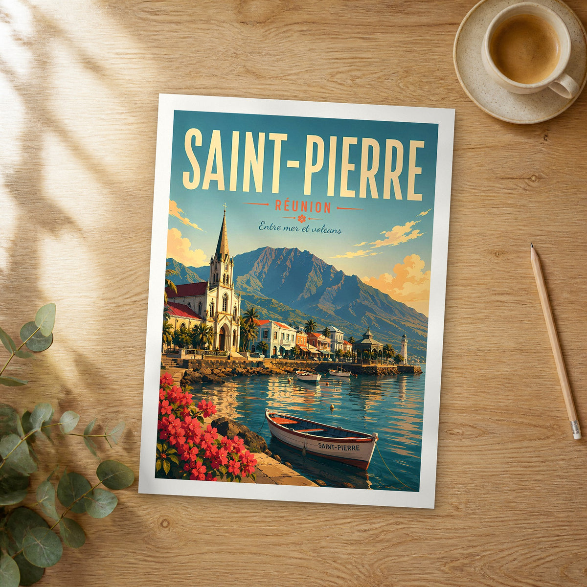 Unframed Saint-Pierre retro travel poster on a wooden table