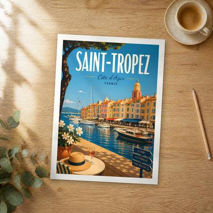 Unframed Saint Tropez retro travel poster on a wooden table