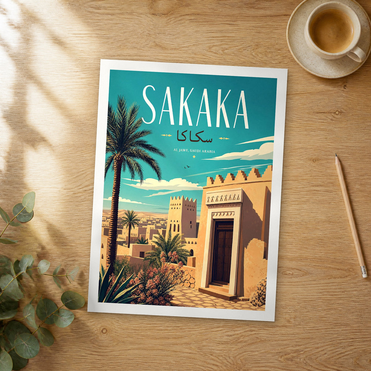 Unframed Sakaka retro travel poster on a wooden table