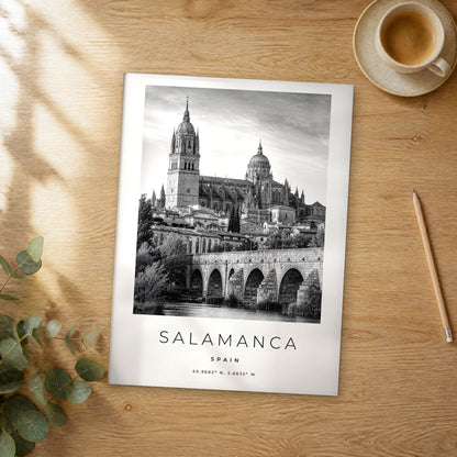 Unframed Salamanca black and white travel poster on a wooden table