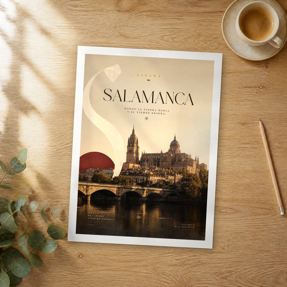 Unframed Salamanca bold typography travel poster on a wooden table