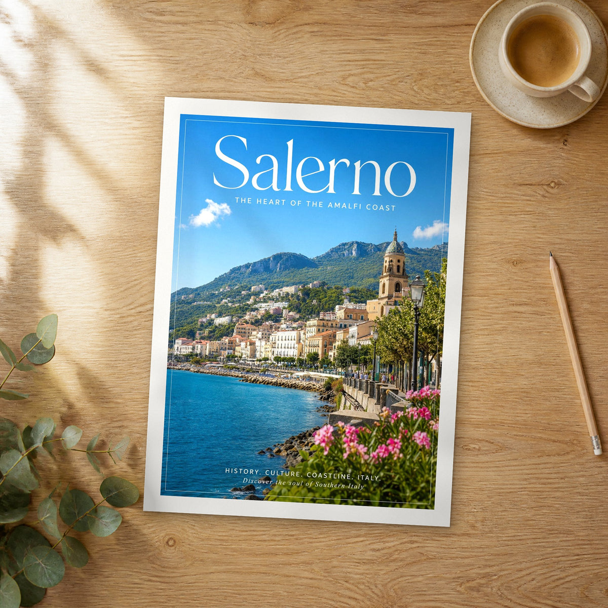 Unframed Salerno editorial travel poster on a wooden table
