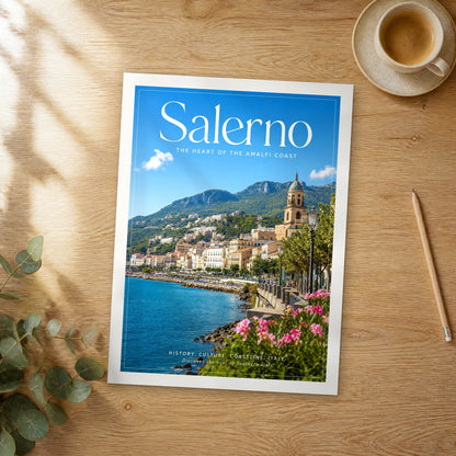 Unframed Salerno editorial travel poster on a wooden table