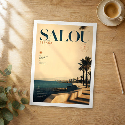 Unframed Salou bold typography travel poster on a wooden table