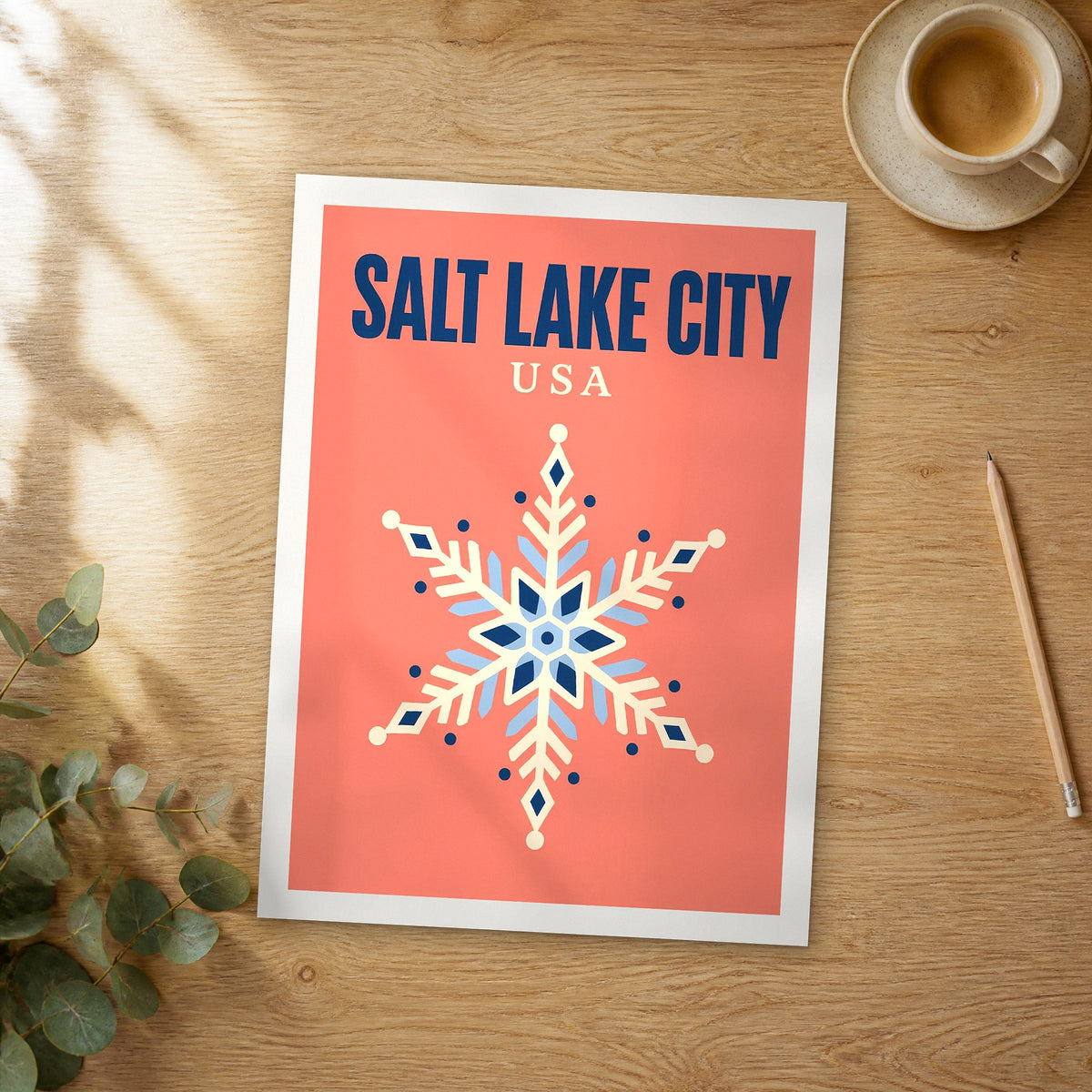 Unframed Salt Lake City pop art travel poster on a wooden table