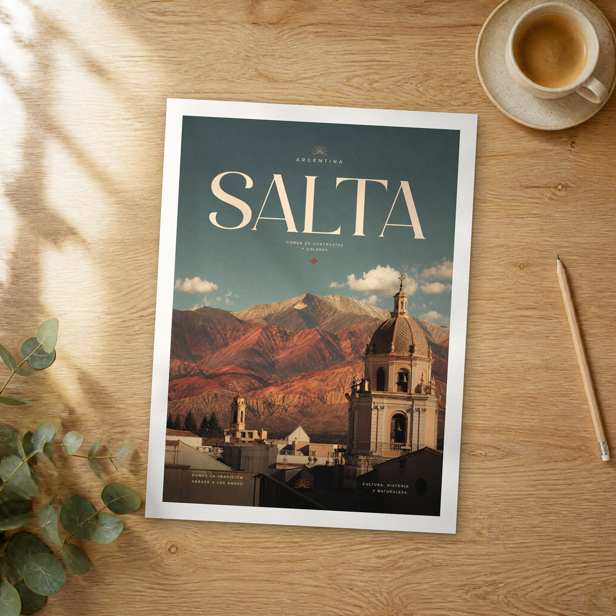 Unframed Salta bold typography travel poster on a wooden table