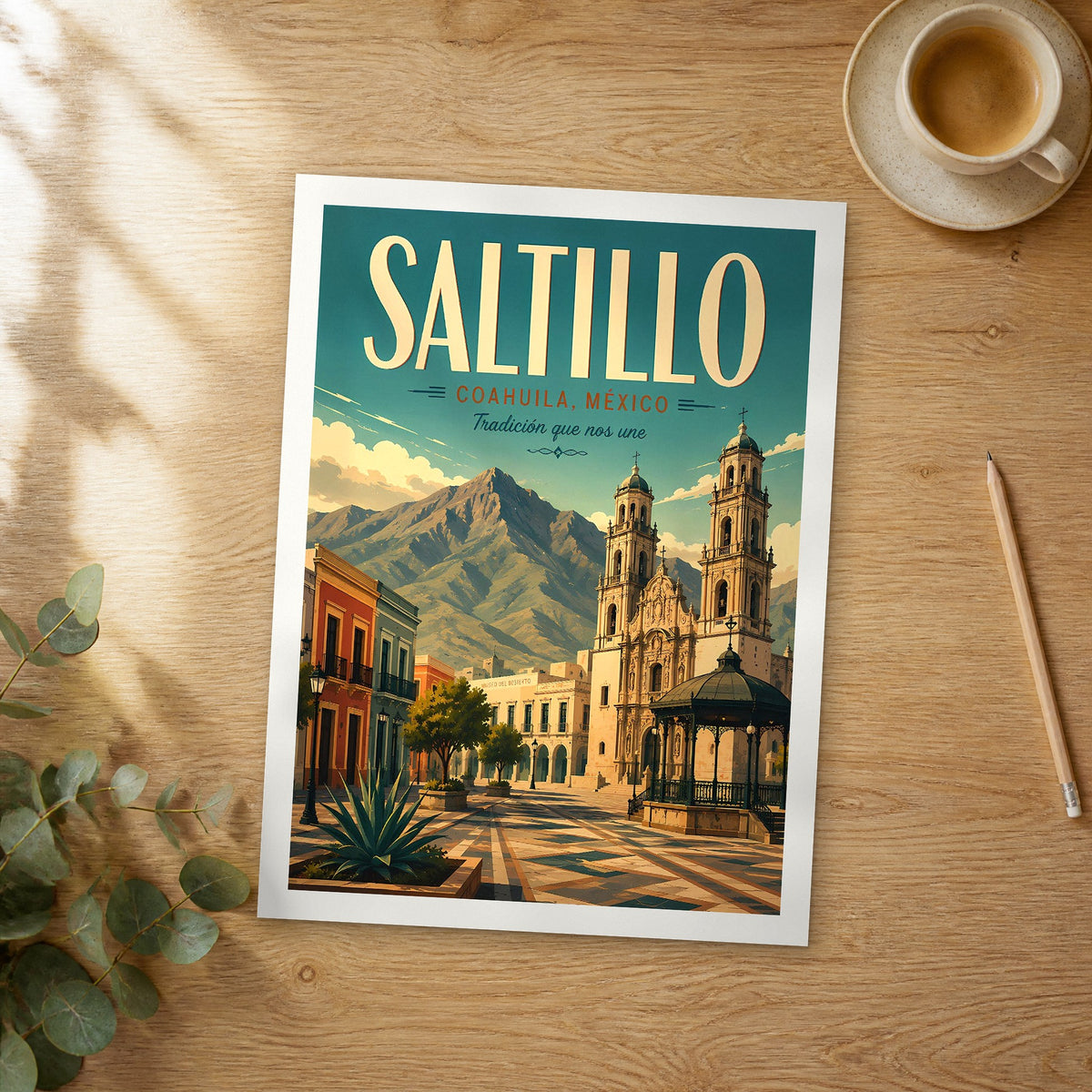 Unframed Saltillo retro travel poster on a wooden table
