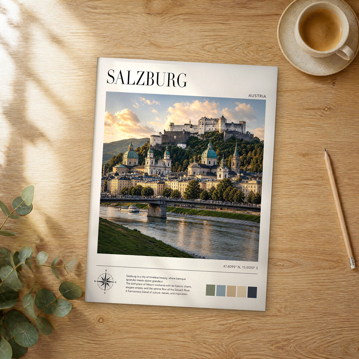 Unframed Salzburg modern photography travel poster on a wooden table