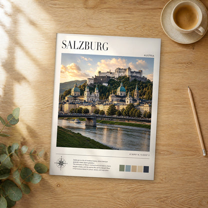 Unframed Salzburg modern photography travel poster on a wooden table