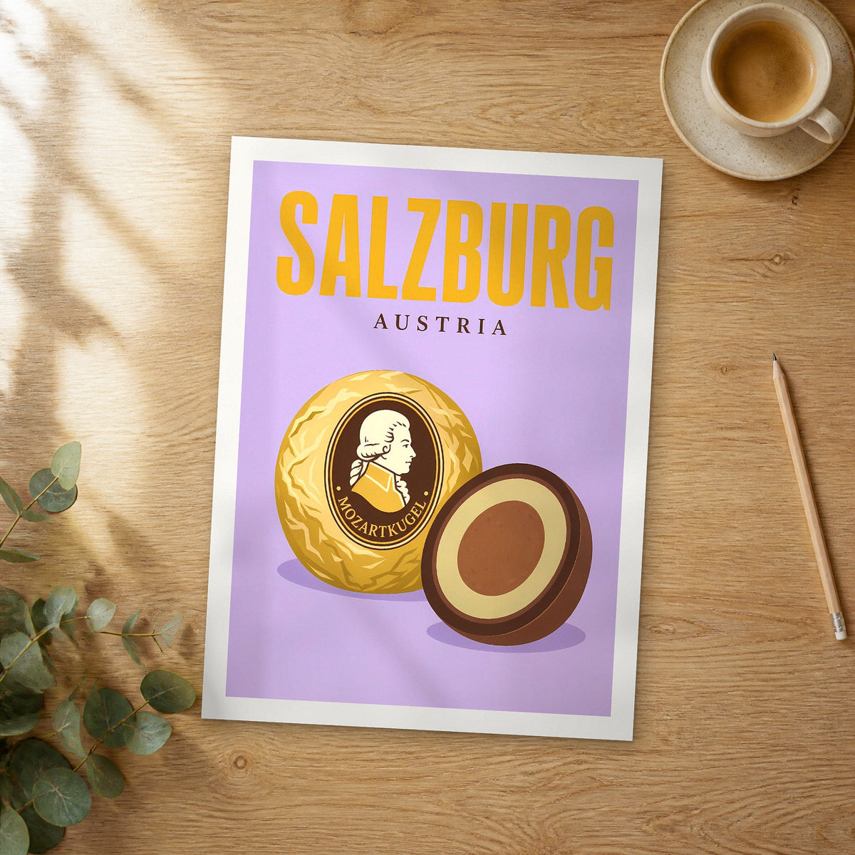 Unframed Salzburg pop art travel poster on a wooden table