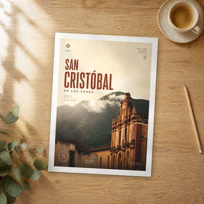 Unframed San Cristobal de las Casas bold typography travel poster on a wooden table