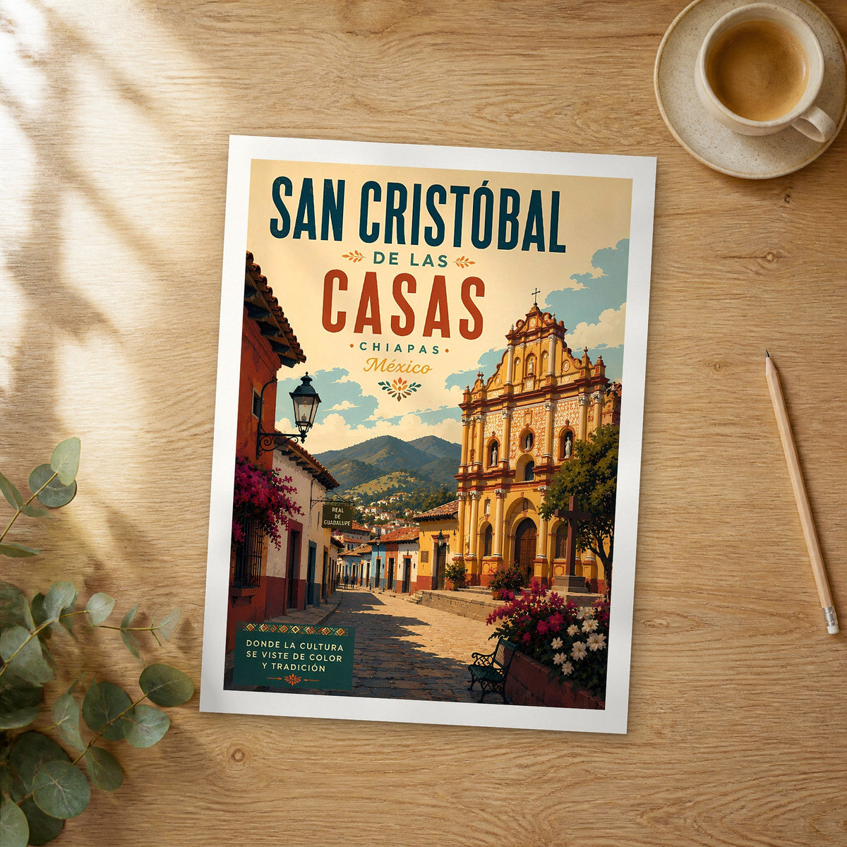 Unframed San Cristobal de las Casas retro travel poster on a wooden table