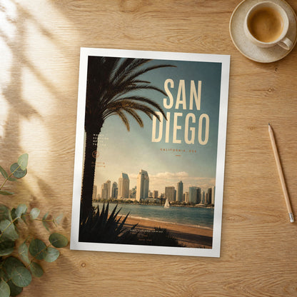 Unframed San Diego bold typography travel poster on a wooden table
