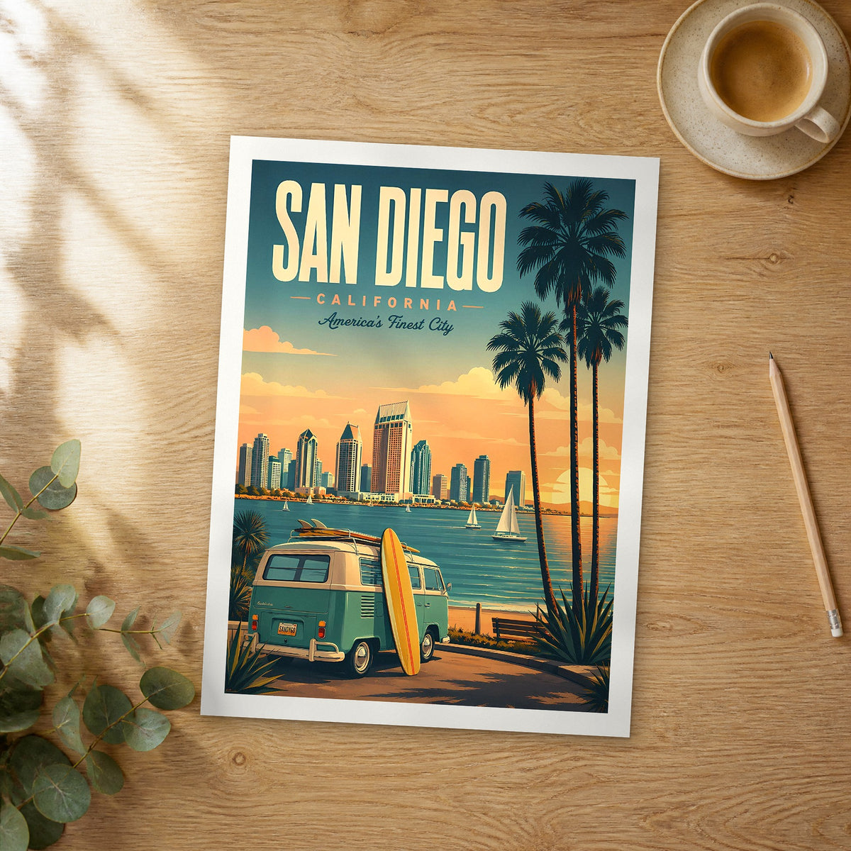 Unframed San Diego retro travel poster on a wooden table