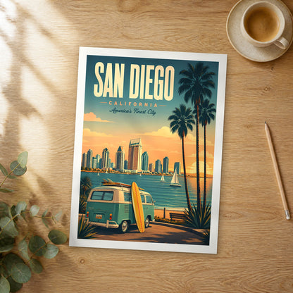 Unframed San Diego retro travel poster on a wooden table
