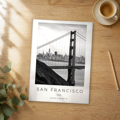 Unframed San Francisco black and white travel poster on a wooden table