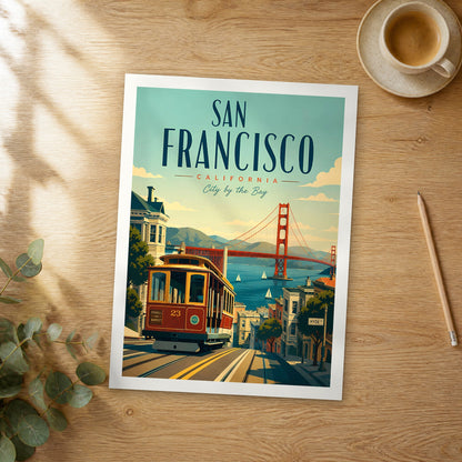 Unframed San Francisco retro travel poster on a wooden table