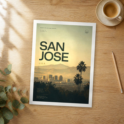 Unframed San Jose bold typography travel poster on a wooden table