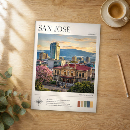 Unframed San José modern photography travel poster on a wooden table