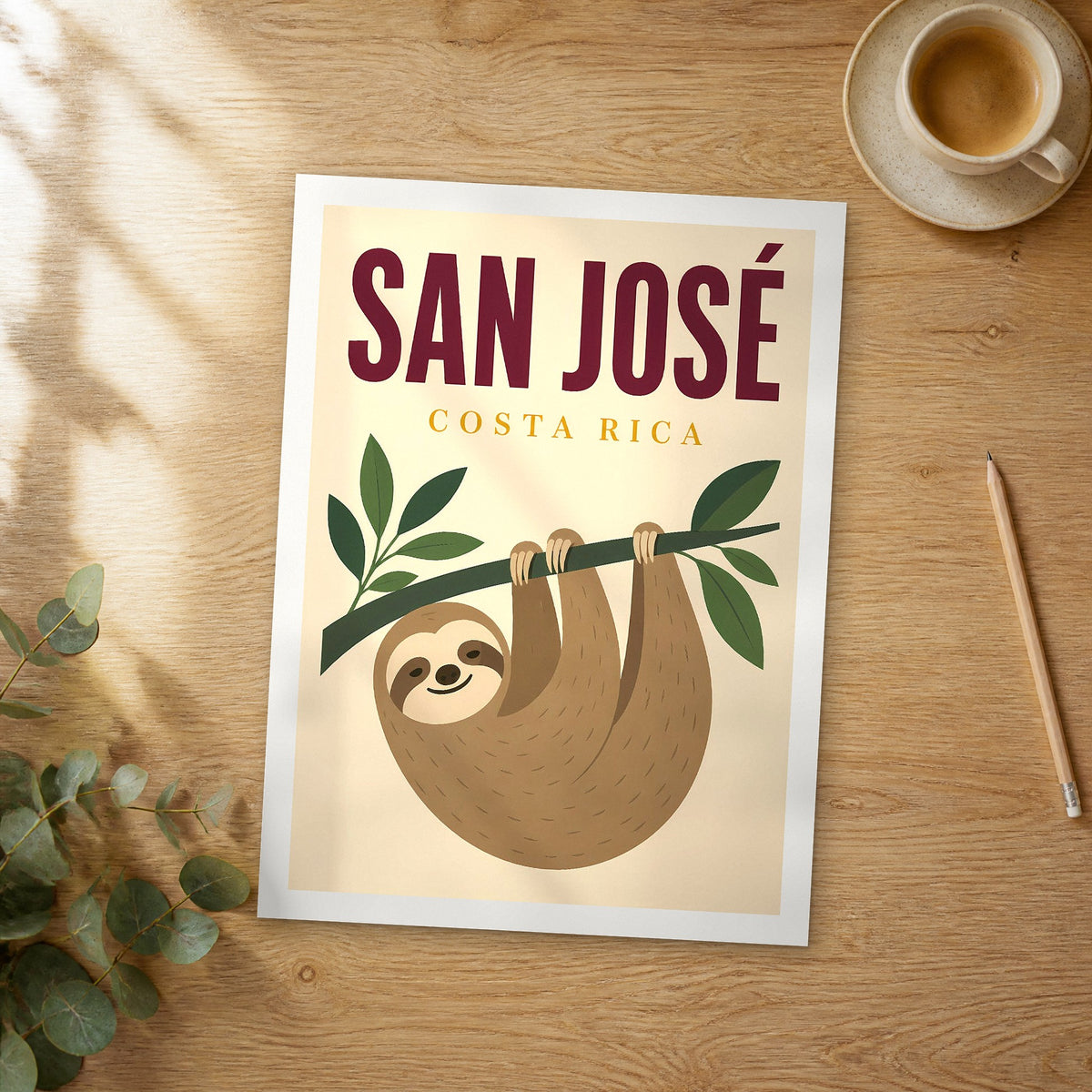 Unframed San José pop art travel poster on a wooden table