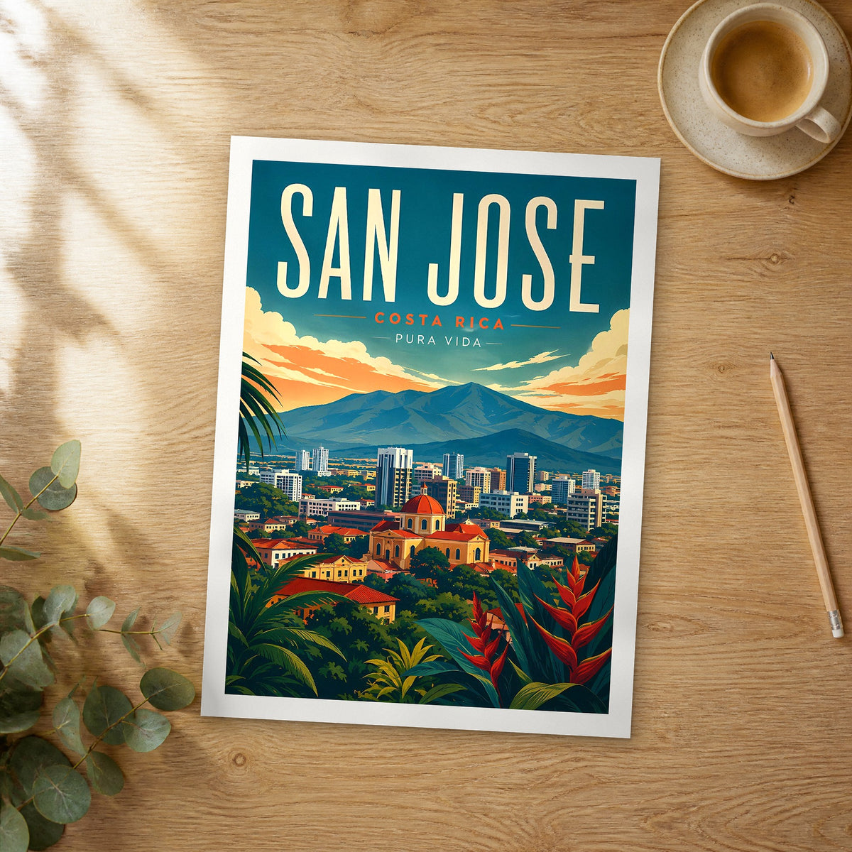Unframed San Jose retro travel poster on a wooden table