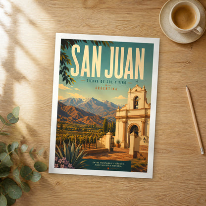 Unframed San Juan retro travel poster on a wooden table