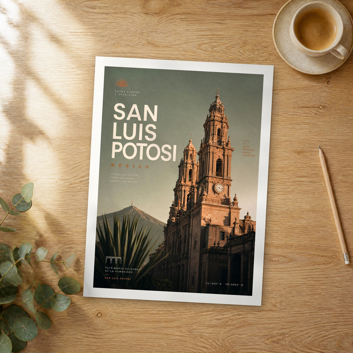 Unframed San Luis Potosi bold typography travel poster on a wooden table