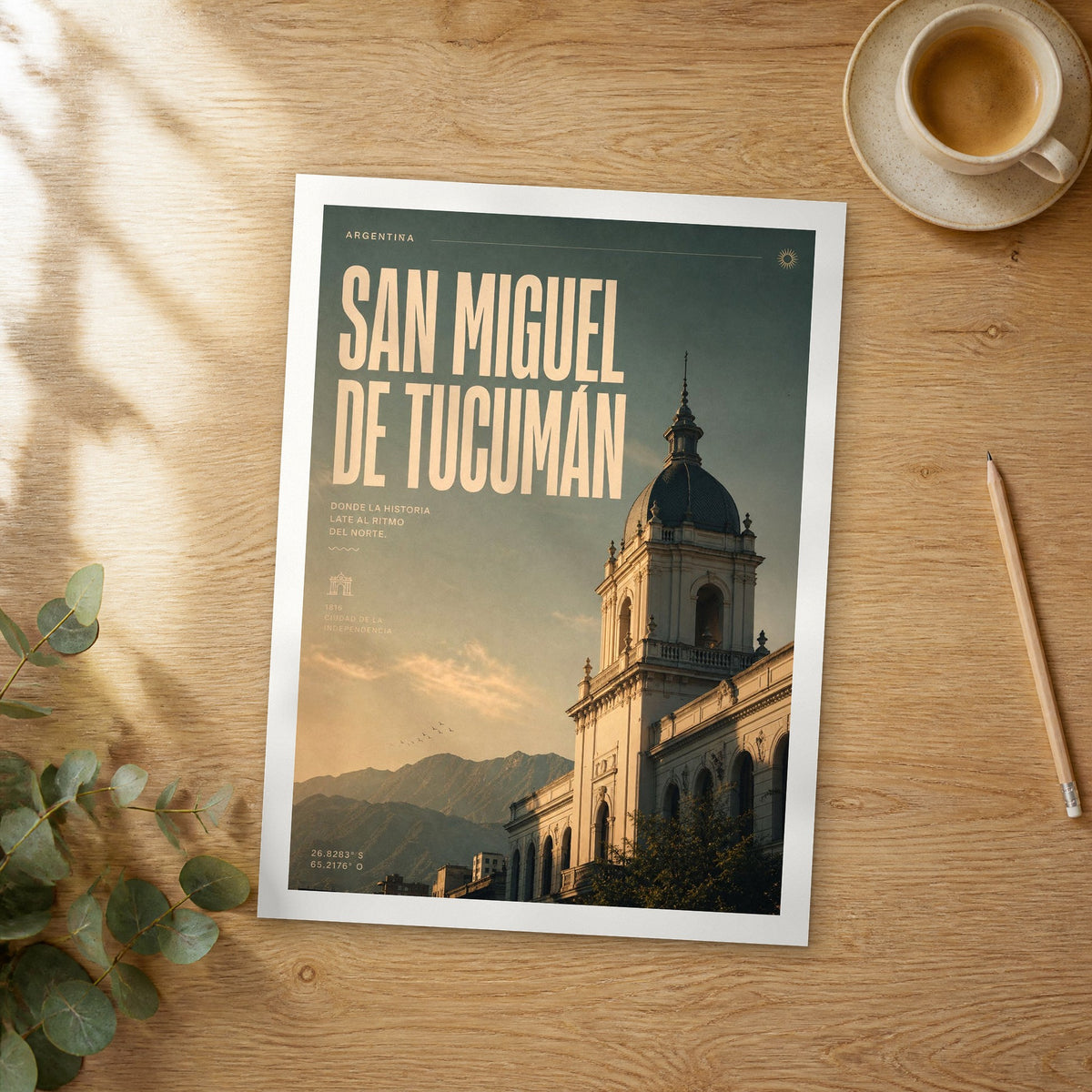 Unframed San Miguel de Tucumán bold typography travel poster on a wooden table