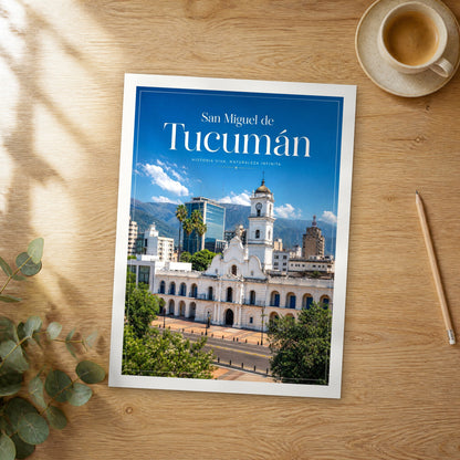 Unframed San Miguel de Tucumán editorial travel poster on a wooden table