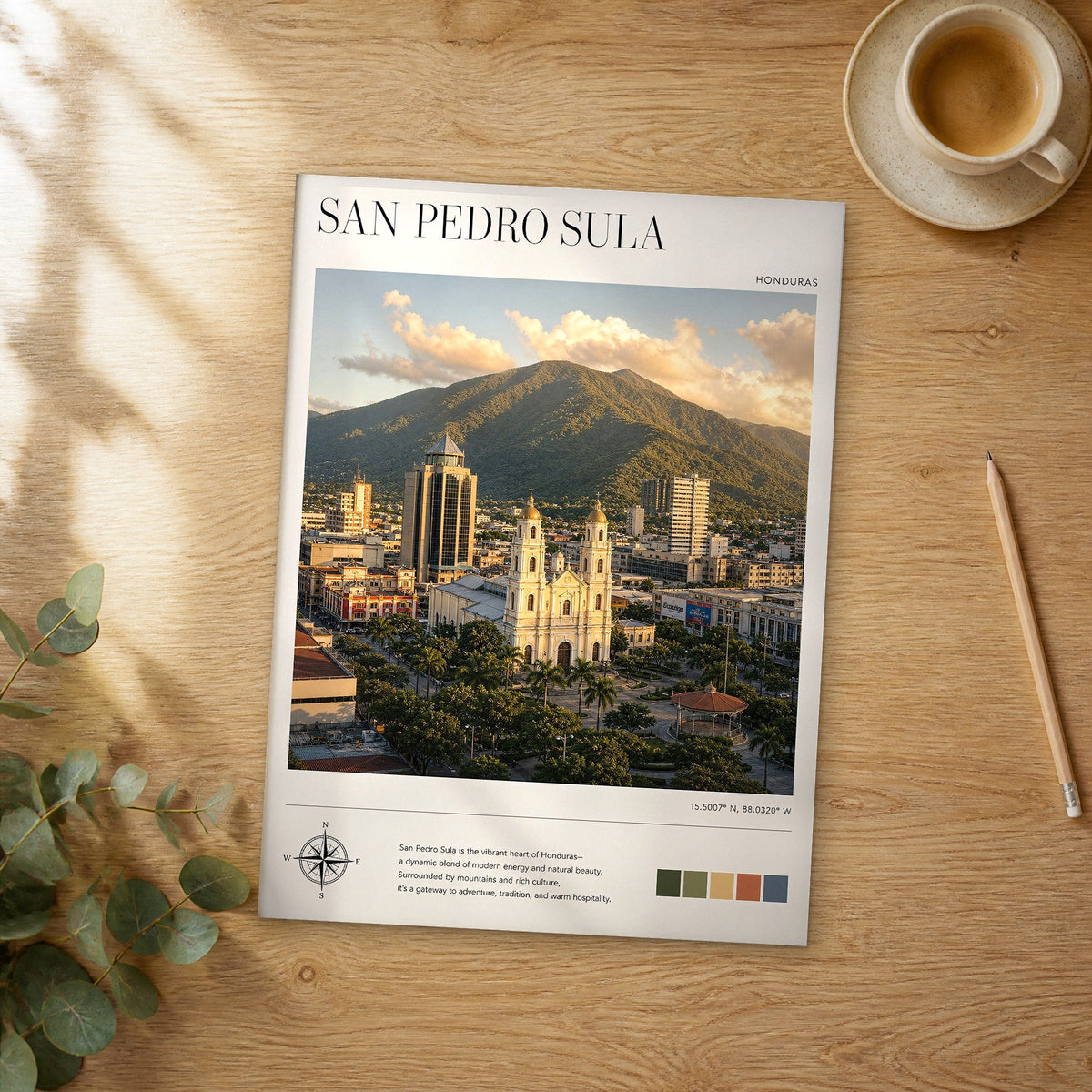 Unframed San Pedro Sula modern photography travel poster on a wooden table