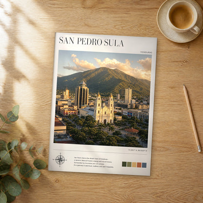 Unframed San Pedro Sula modern photography travel poster on a wooden table