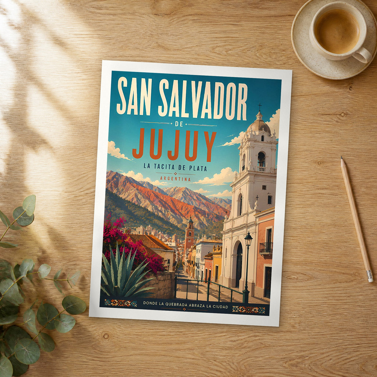 Unframed San Salvador de Jujuy retro travel poster on a wooden table