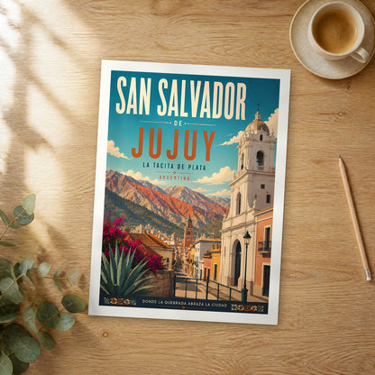 Unframed San Salvador de Jujuy retro travel poster on a wooden table