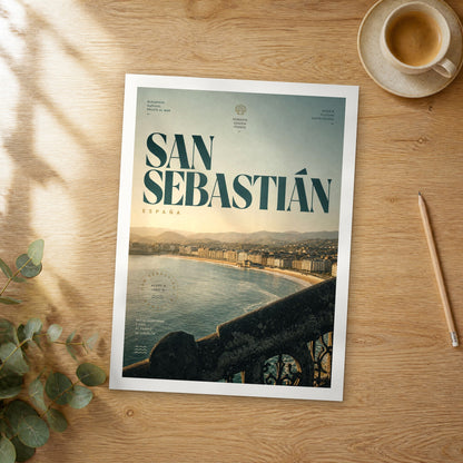 Unframed San Sebastián bold typography travel poster on a wooden table