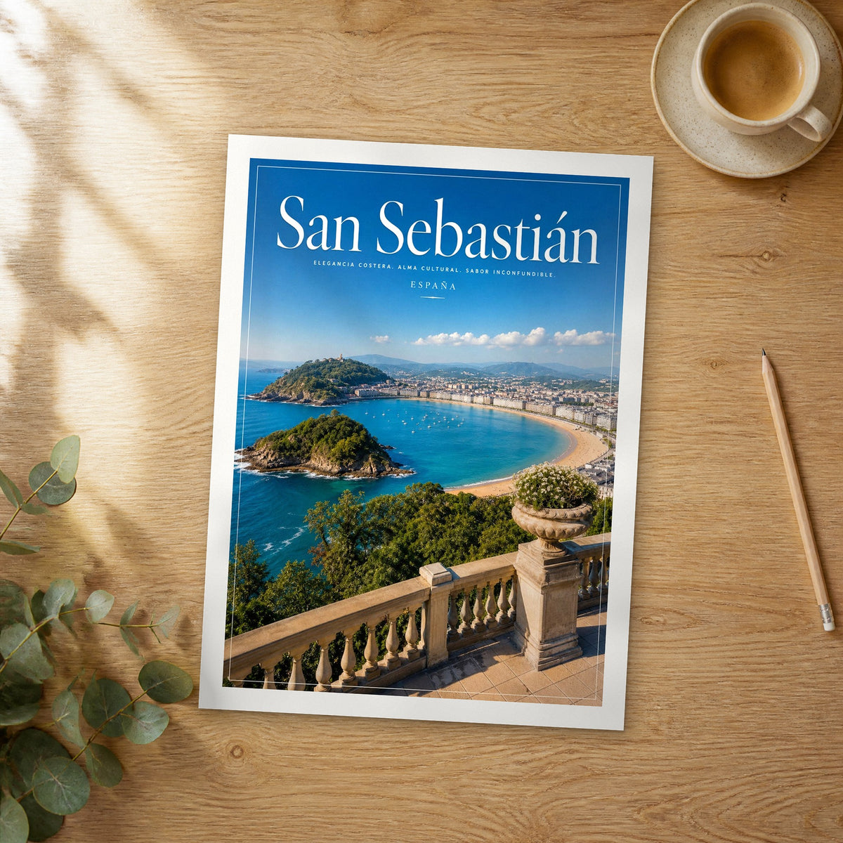 Unframed San Sebastián editorial travel poster on a wooden table