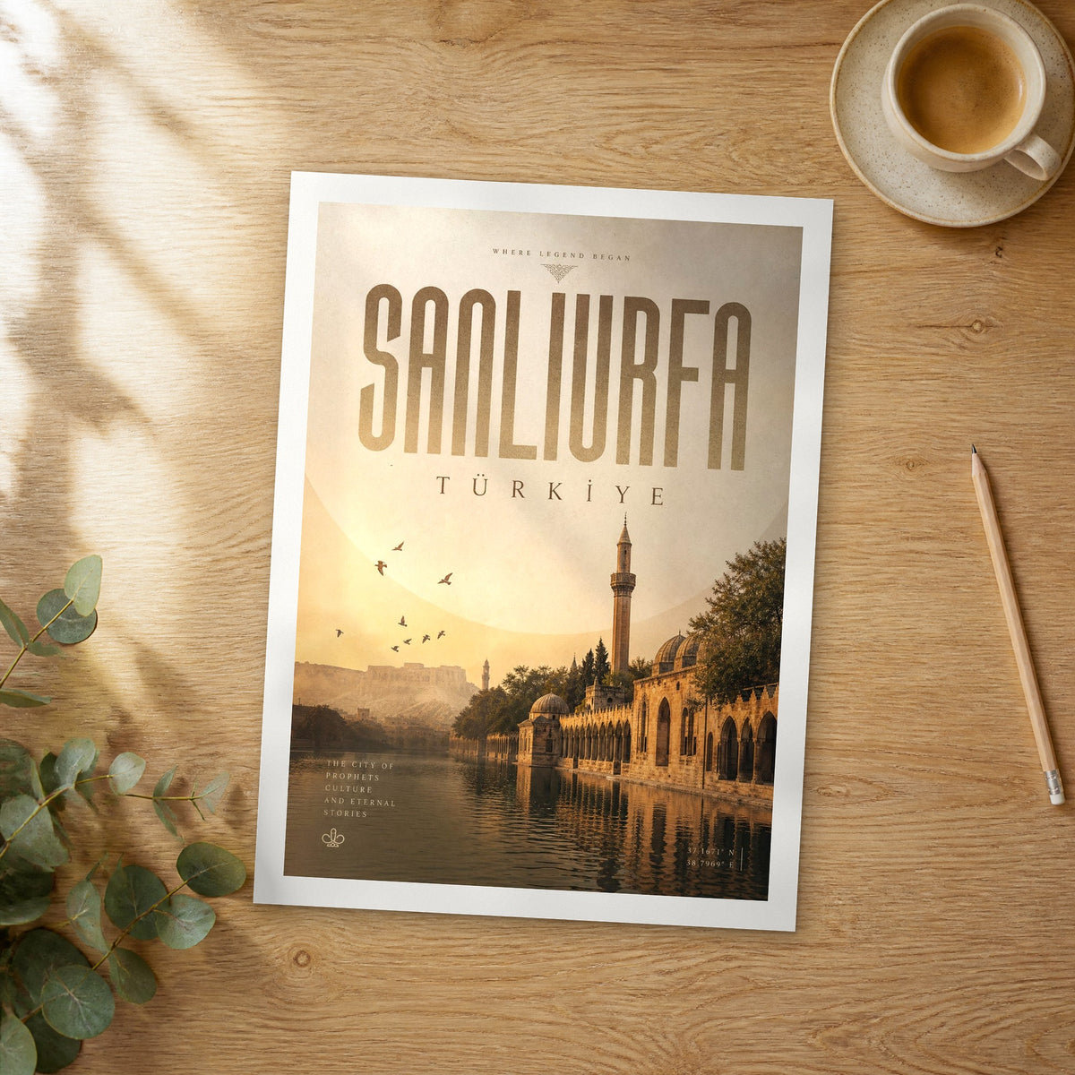 Unframed Sanliurfa bold typography travel poster on a wooden table