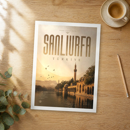 Unframed Sanliurfa bold typography travel poster on a wooden table