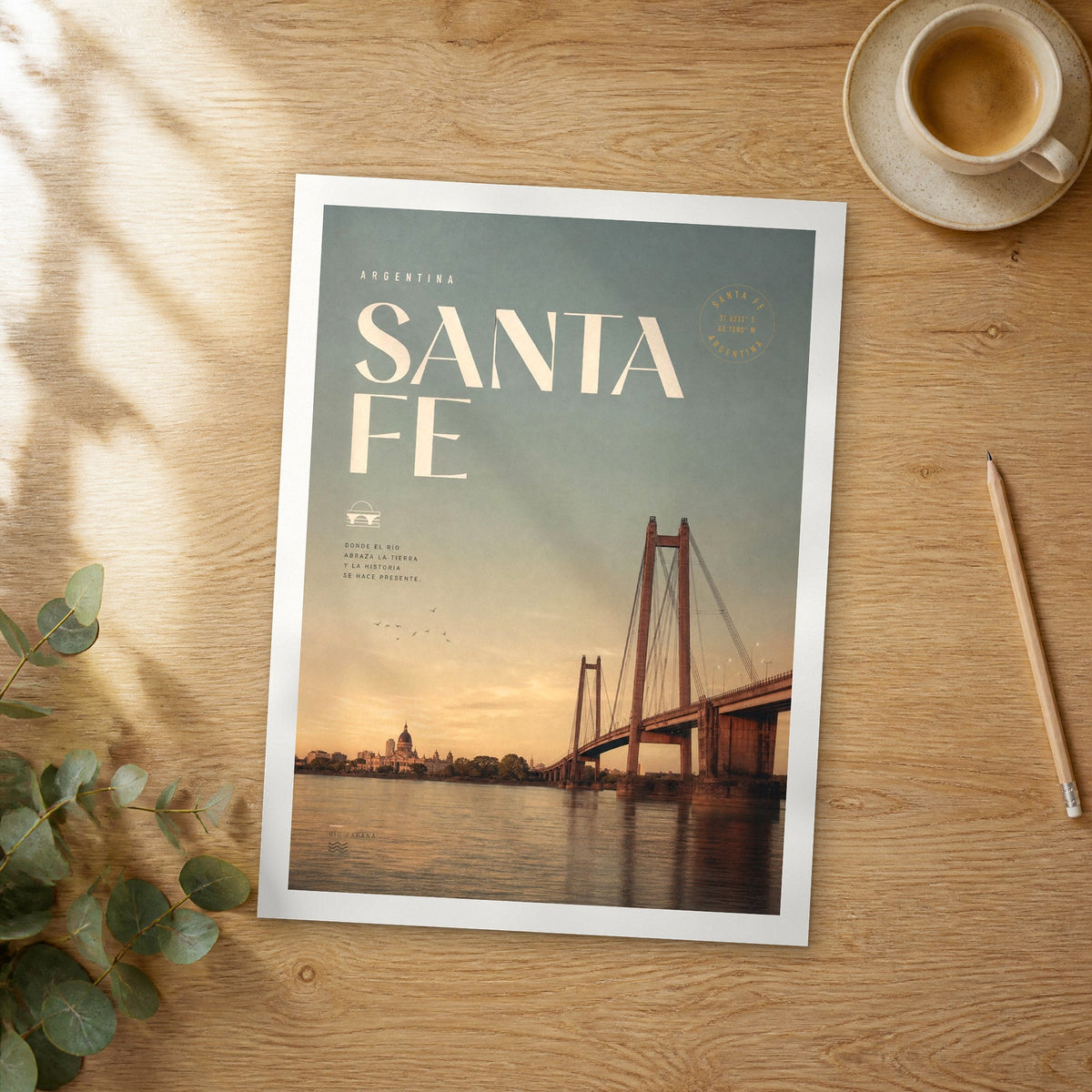 Unframed Santa Fe bold typography travel poster on a wooden table