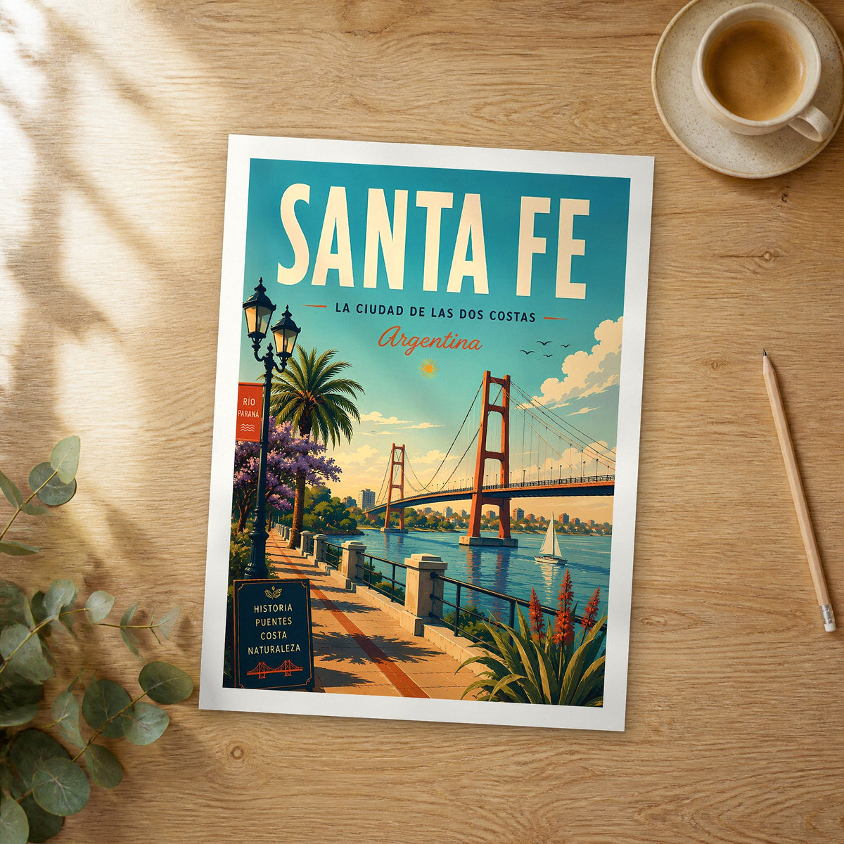 Unframed Santa Fe retro travel poster on a wooden table