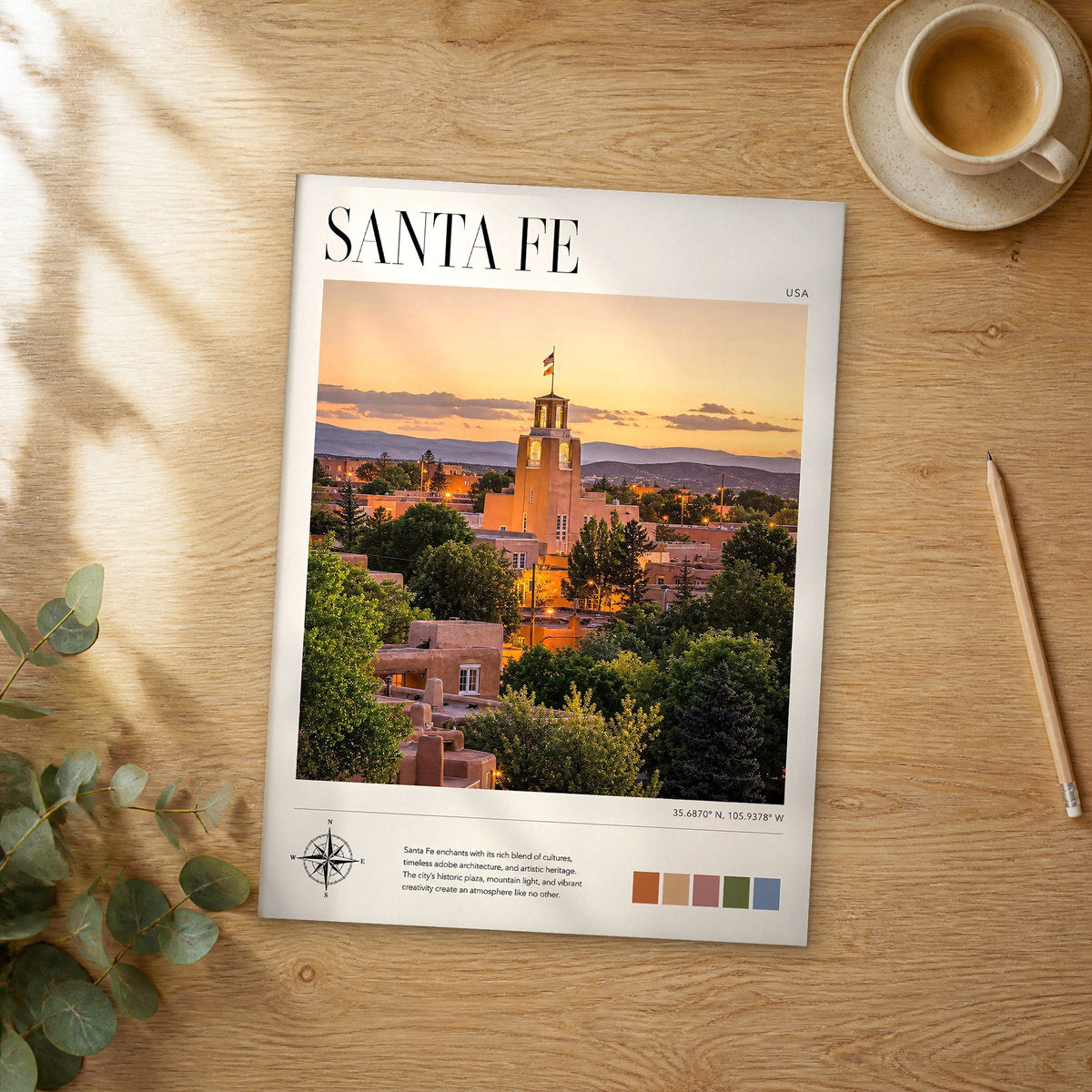 Unframed Santa Fe modern photography travel poster on a wooden table