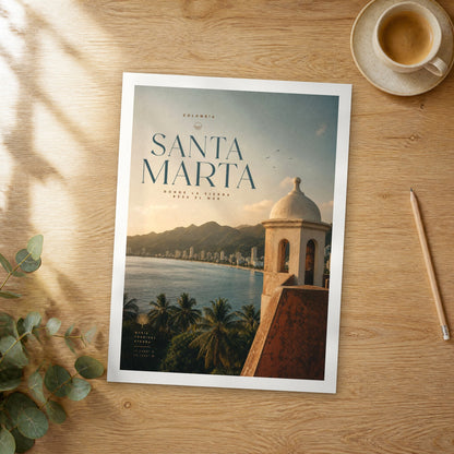 Unframed Santa Marta bold typography travel poster on a wooden table