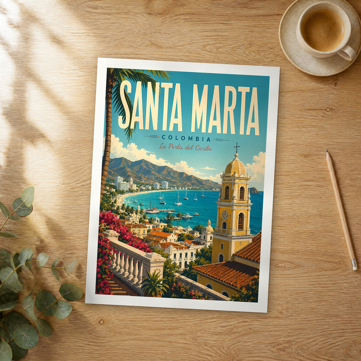 Unframed Santa Marta retro travel poster on a wooden table