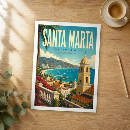 Unframed Santa Marta retro travel poster on a wooden table