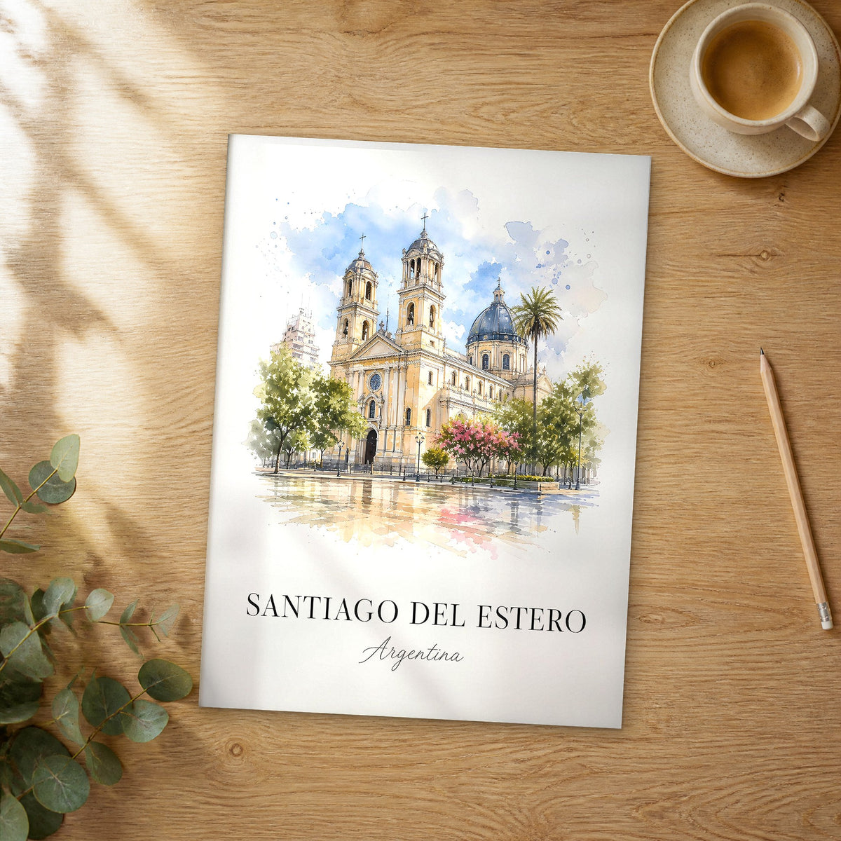 Unframed Santiago del Estero watercolor travel poster on a wooden table